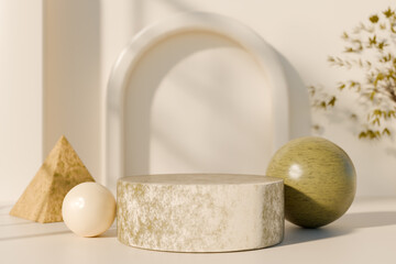 Poster - Geometric shapes and natural elements in a minimalist still life arrangement. 3d rendering