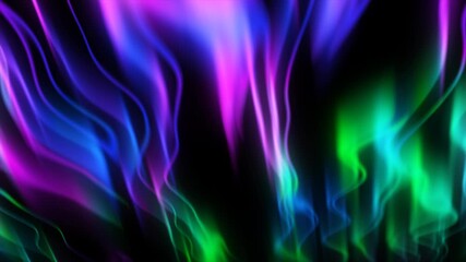 Poster - Flowing neon light trails in pink, blue, and green hues on black background, creating an abstract and energetic digital effect