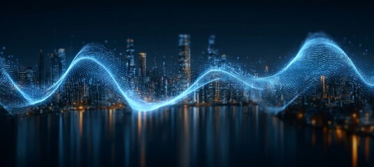 Poster - Futuristic Smart Cityscape at Night with Digital Connections and Wireless Data Signals Over Towers