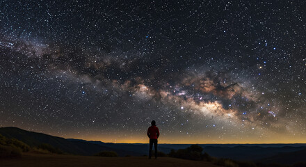 Wall Mural - person standing on a natural overlook, gazing at a vast, clear night sky filled with countless stars