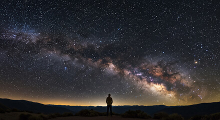 Wall Mural - person standing on a natural overlook, gazing at a vast, clear night sky filled with countless stars