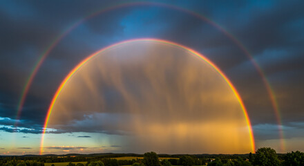 Wall Mural - magnificent rainbow arcing across a dramatic sky after a thunderstorm, with vibrant colors against d