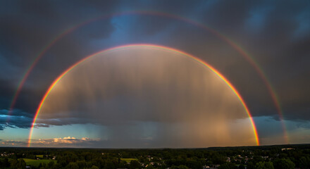 Wall Mural - magnificent rainbow arcing across a dramatic sky after a thunderstorm, with vibrant colors against d