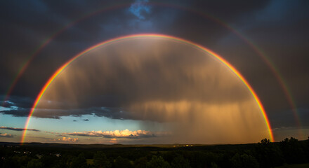 Wall Mural - magnificent rainbow arcing across a dramatic sky after a thunderstorm, with vibrant colors against d
