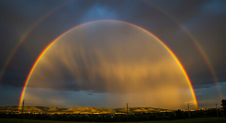 Wall Mural - magnificent rainbow arcing across a dramatic sky after a thunderstorm, with vibrant colors against d