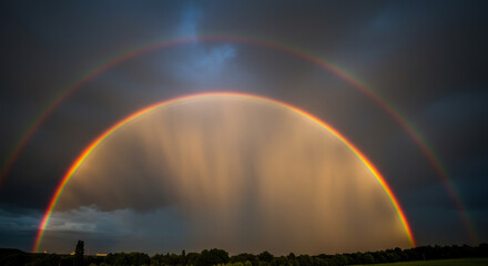 Wall Mural - magnificent rainbow arcing across a dramatic sky after a thunderstorm, with vibrant colors against d