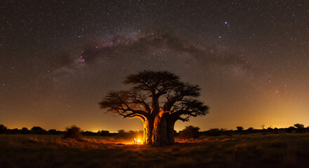 Wall Mural - solitary, ancient baobab tree standing majestically in a vast savanna under a star-filled night sky