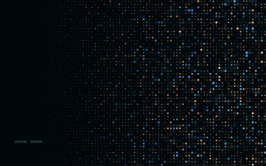 Abstract dark digital background with pixel pattern of figures of different colors and shapes for finance, technology and business. Free space for your text. Vector illustration.
