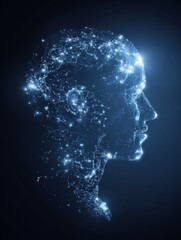 Poster - Silhouette of Human Head With Glowing Brain Circuits Against Dark Blue Background Showcasing Technological Concepts and Cognitive Innovation