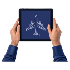 Poster - Hands Holding Tablet Displaying Airplane Illustration, isolated on transparent background.
