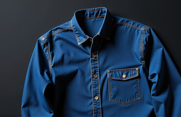 Wall Mural - crisply folded blue denim shirt centered dark grey background stitched pocket glistening soft natural light