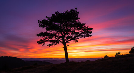 Wall Mural - lone tree standing strong on a hill, silhouetted against a breathtaking sunset with hues of orange, 