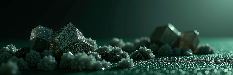 Wall Mural - shot intricately formed grey crystals scattered across lush dark green textured background lit soft diffused light