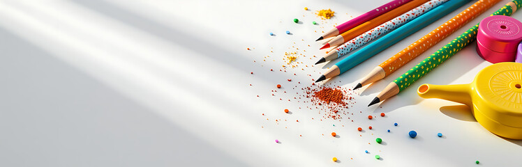 Wall Mural - shot colorful array craft supplies arranged artfully pristine white background gentle morning light casting