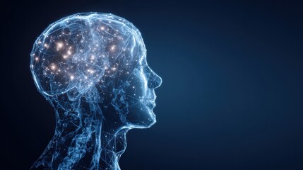 Poster - Silhouette of a Human Head With Glowing Brain Circuits Against a Dark Blue Background Highlighting the Complexity of Human Thought