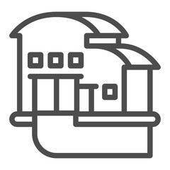 Poster - Building with warehouse line icon, manufacturing logistic concept, hangar with gate and road sign on white background, outline style icon for mobile and web design. Vector graphics.