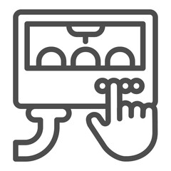 Poster - Pastry oven with buttons and hand index finger line icon, manufacture concept, bakery factory sign on white background, outline style icon for mobile and web design. Vector graphics.