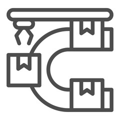 Poster - Sorting conveyor with boxes and robotic arm line icon, manufacturing concept, robot claw work sign on white background, outline style icon for mobile and web design. Vector graphics.