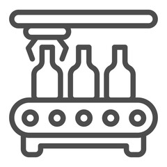 Poster - Conveyor with bottles and robotic arm claw line icon, manufacturing concept, factory belt bottling sign on white background, outline style icon for mobile and web design. Vector graphics.