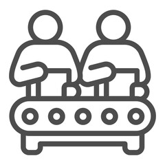 Poster - Two people working at conveyor with boxes line icon, manufacturing work concept, factory worker sign on white background, outline style icon for mobile and web design. Vector graphics.