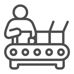 Poster - Man working at conveyor with boxes line icon, manufacturing concept, factory worker packaging sign on white background, outline style icon for mobile and web design. Vector graphics.