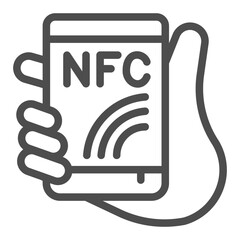 Poster - Smartphone with wireless nfc technology in hand line icon, contactless pay concept, cashless buy sign on white background, outline style icon for mobile and web design. Vector graphics.