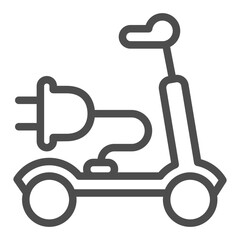 Poster - Electric scooter, plug and wire line icon, recharging electric transportation concept, smart vehicle sign on white background, outline style icon for mobile and web design. Vector graphics.