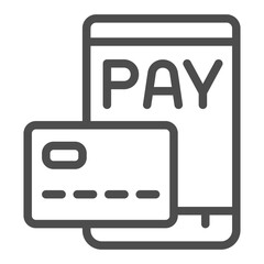 Poster - Credit card and smartphone line icon, online payment with device concept, cell phone screen with pay sign on white background, outline style icon for mobile and web design. Vector graphics.