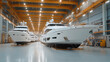 © A2Z AI  - Luxurious Yachts in a Warehouse: A pristine fleet of yachts, embodying elegance and opulence, neatly arranged in a vast, well-lit storage or manufacturing space.