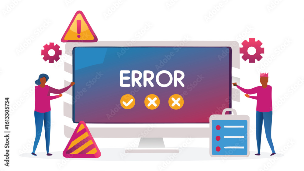 Illustration of computer screen displaying error message with people ...