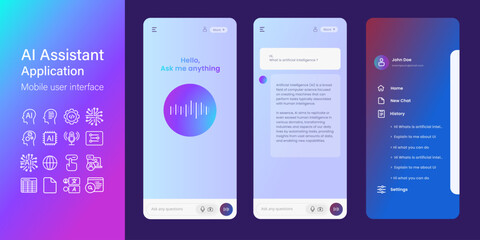 Poster - mobile user interface UI for AI virtual assistant Application artificial intelligence chat bot apps with collection of icons gradient futuristic screen design