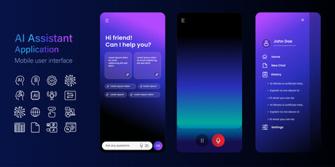 Poster - AI assistant chat bot user interface set mobile app application dark theme user interface of artificial intelligence large language model menu and history