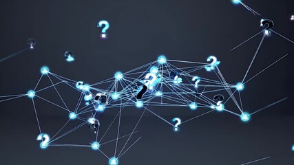 Convey curiosity creative problem solving through glowing three dimensional question marks that pulse rhythmic sequence illustrating abstract business puzzles online anonymity brainstorming