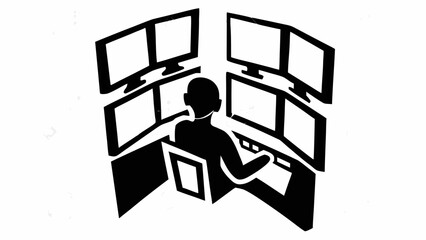 Person sitting at a desk surrounded by multiple computer monitors in a black and white illustration silhouette