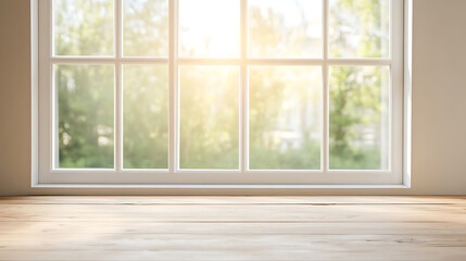 Aufkleber - Bright window with wooden surface in foreground. Natural light streams through, illuminating the space. Ideal for showcasing products or designs.