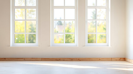 Aufkleber - Bright, minimalist interior with three white-framed windows, light wood floors, and light tan walls. Sunlight streaming in creates a warm, inviting atmosphere.