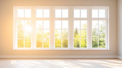 Aufkleber - Bright sunlight streams through a large window, illuminating an empty room with warm, inviting light and showcasing the vibrant colors of the trees outside.
