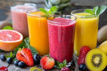 Poster - Variety of colorful smoothies with fresh fruits and berries, promoting healthy eating and refreshment