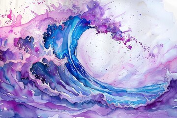 Poster - Colorful ocean wave breaking in the sea, watercolor painting art with purple and blue splashes