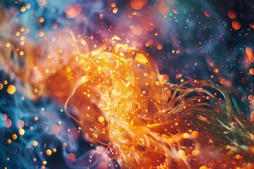 Poster - Fiber optics cables intertwining and glowing in orange and blue with bokeh effect against a dark background, creating a futuristic design