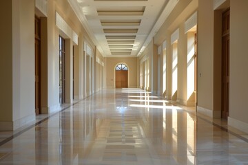 Poster - Sunlight reflecting on a long polished marble floor in an elegant corridor with columns and side doors