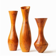 Poster - Three elegant empty vases carved from light brown wood, showcasing the natural wood grain, stand on a clean white background