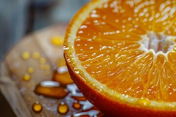 Poster - Close up of a juicy orange slice dripping with sweet nectar on a wooden surface, showcasing its vibrant color and texture