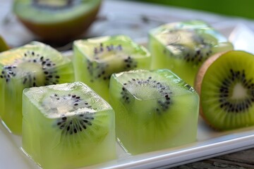 Poster - Refreshing kiwi fruit slices are frozen inside ice cubes, creating a visually appealing and chilling treat