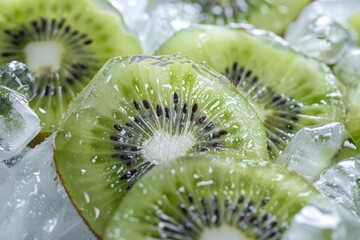 Poster - Close up of juicy kiwi slices on ice, creating a refreshing visual