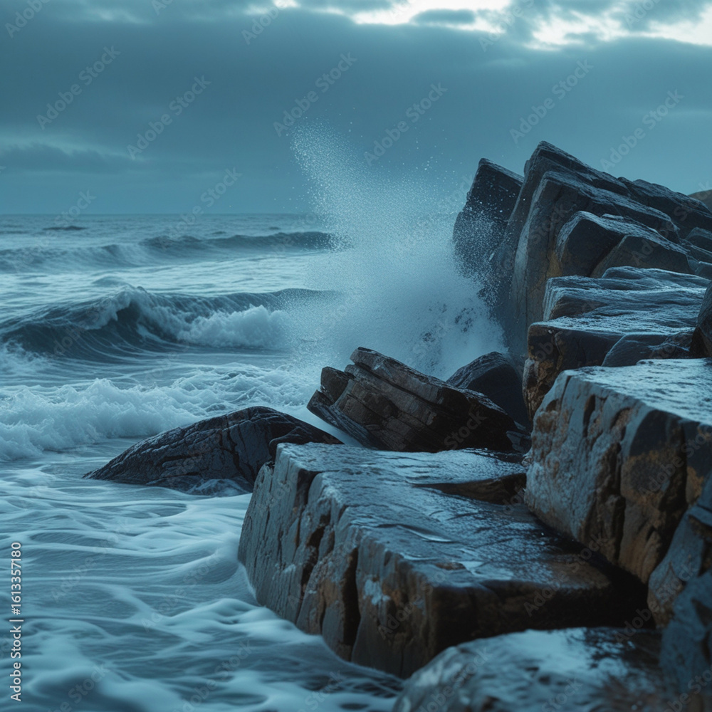 Stock-Foto „Gentle waves crash over rugged coastal rocks under a moody ...