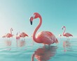 © cortado - A vibrant scene of pink flamingos gracefully wading in serene waters under a clear sky.
