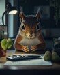 © cortado - A curious squirrel sits at a desk, examining a notebook under warm lighting, creating a cozy atmosphere.