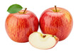© Valentin - Ultra-realistic UHD photo of two fresh, ripe red and yellow striped apples, one with a green leaf and stem, and a crisp white apple wedge with seeds, isolated on a seamless transparent studio