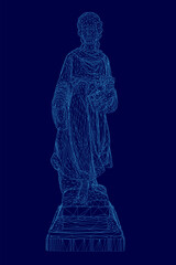 Poster - A blue wireframe angel statue with hands clasped in prayer stands against a dark blue background. The digital 3D model features clean geometric lines and a futuristic aesthetic.